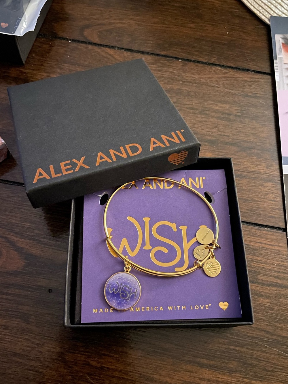 Alex and Ani Gold-Tone 'Wish' Charm Bangle with Purple Charm